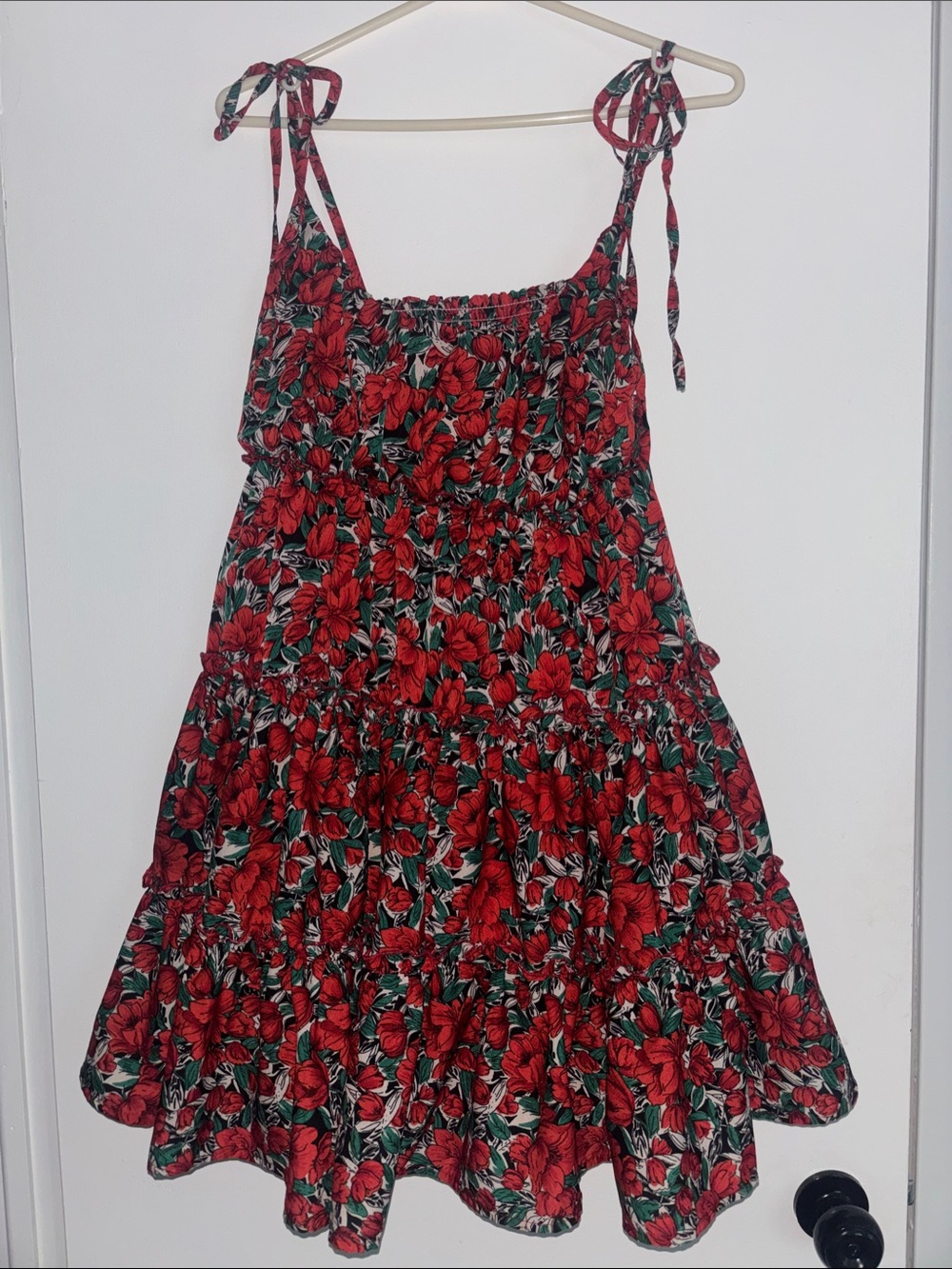 Red Floral Tie-Shoulder Tiered Casual Dress